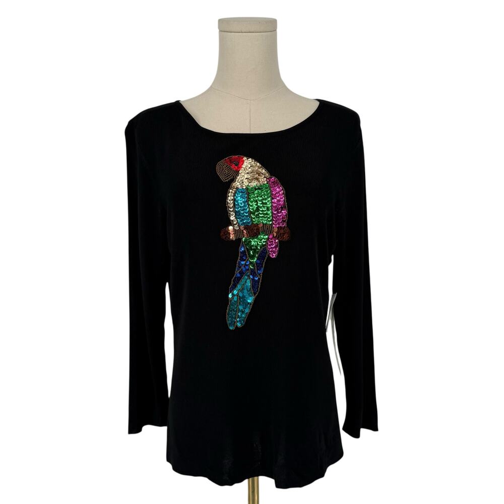 Y2K Lucia Burns Sequin Embroidered Parrot Tropical Long Sleeve T Shirt L NWT